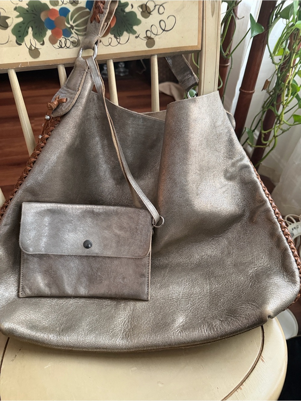 Vintage Ralph Lauren Collection Distressed Metallic Silver Leather Hobo Bag